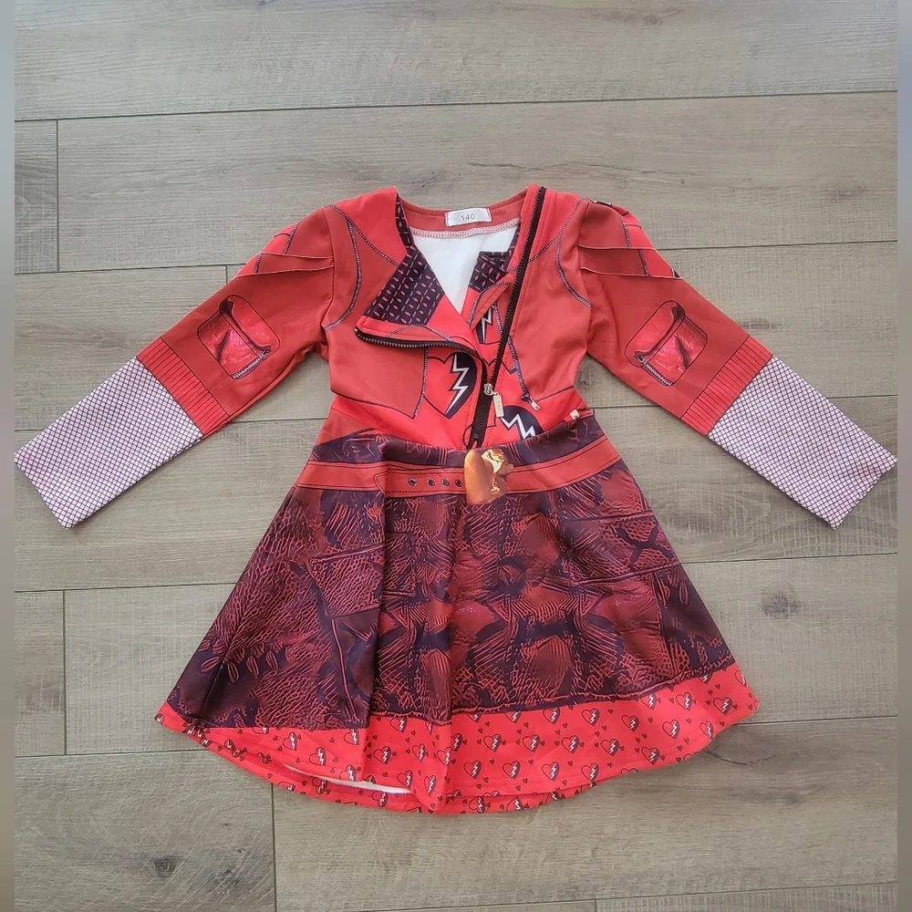 Girls Descendants Red Costume Dress Gloves Evie Heart Necklace Size 9-10